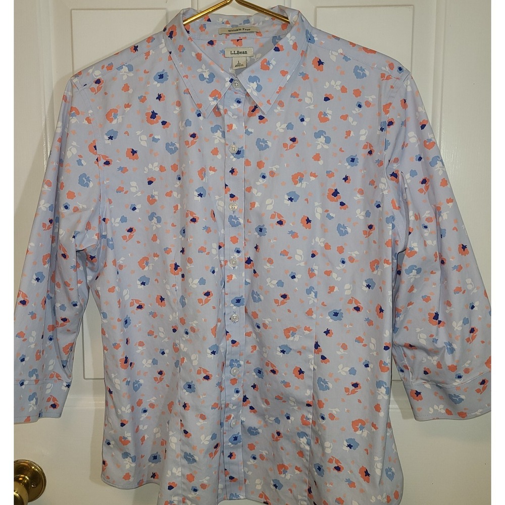 L.L.Bean Women's L Regular Wrinkle Free Floral Button Down Shirt Blue 3/4 Sleeve